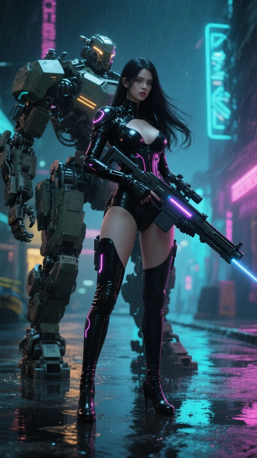 Unbeatable masterpiece, Ultra photo realsisim, Perfect Artwork, Intricate details, Best Quality, strong lights,High contrast,((Post apocalyptic futuristic Cyberpunk , outline):1.35) , ((masterpiece)),((Extremely detailed)) , ((extremely detailed and beautiful face)) , Smoky makeup, Perfectcomposition , intricate detailes , neon light , neon trim, (full body Esbian:1.25) , (Official art) , Very delicately beautiful cyberpunk girl, long black colored hair blowing in the wind, vibrant purple eyes, long detailed eyelashes, huge enormously gigantic , cleavage showing, wearing highly detailed futuristic hooded battle armor, tons of tattoos and piercings(1girl:1.3) , Solo , (glass screen:1.2) , (Clear glass) , Tindall Effect , Colorful refraction , visual impact , (High light contrast) , Colorful , Melt , (Cyberpunk:1.2) ,(flinch :1.4) ,