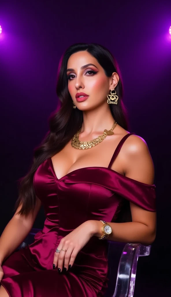 "Create an ultra-realistic image of a modern, attractive female influencer of Indian descent, aged between 27 to 30. She has a warm and inviting smile, expressive almond-shaped eyes with a slight shimmer, and clear, glowing skin with a medium brown complexion. Her features are well-defined, with high cheekbones and a sharp jawline. Her hair is styled in a sleek high bun, showcasing her elegant and sophisticated style. The hair color is a deep, reddish-purple hue that’s bold yet sophisticated. She has a slender yet athletic build, with a noticeably larger chest featuring gigantic, plump breasts (plump: 1.3), highlighting her voluptuous figure.

She is wearing a stunning ruby red velvet mini dress with long sleeves, heavy embroidery, and a plunging neckline that makes a bold and captivating statement. The dress accentuates her curves and adds a touch of glamour to her look.

The background is an exclusive nightclub with VIP sections and ambient lighting, creating an atmosphere of mystery and glamour that perfectly complements her striking appearance. The overall scene captures the essence of a contemporary Indian fashion influencer, exuding confidence, allure, and sophistication in a high-end, glamorous setting."
