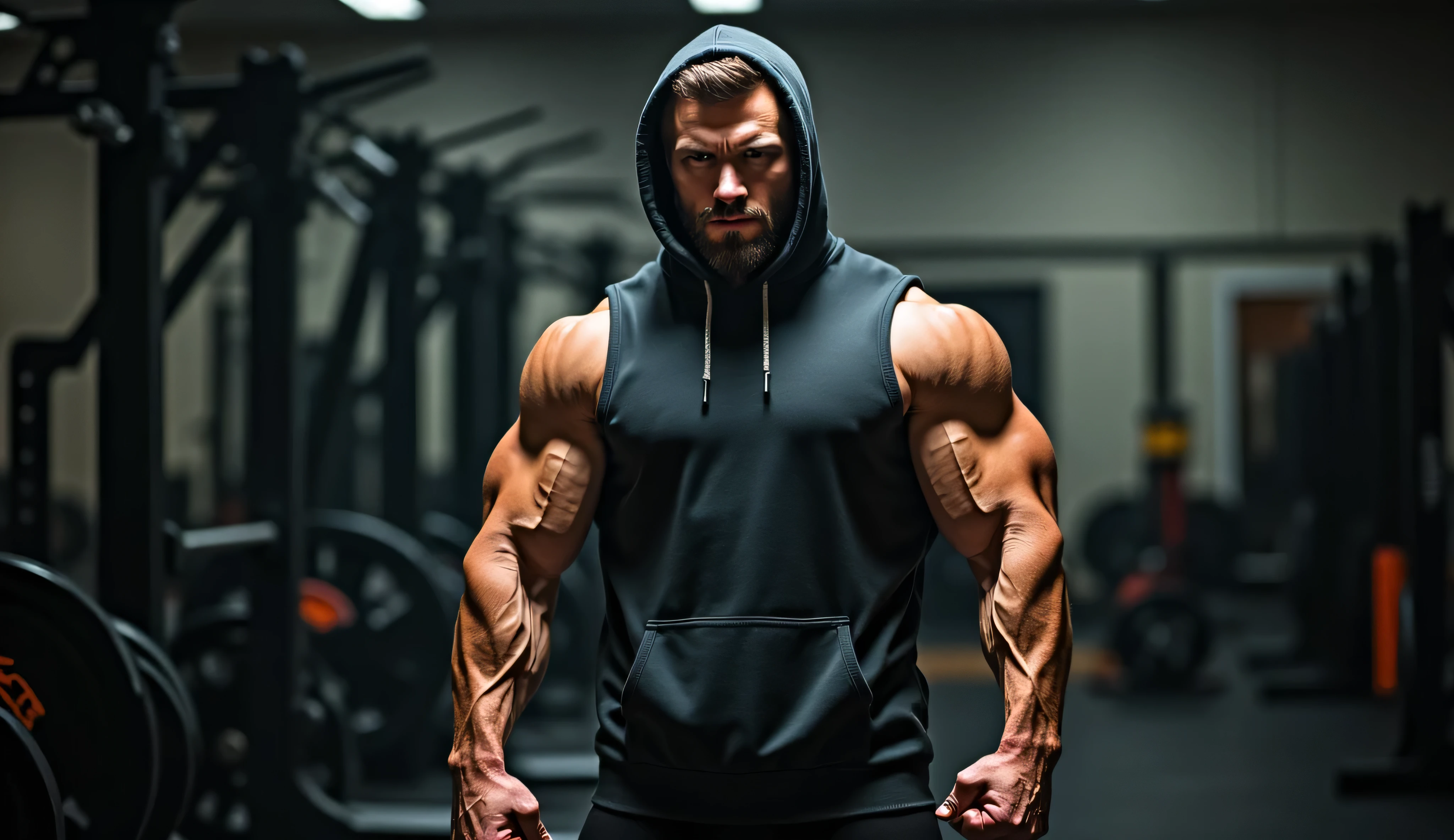 a very handsome man, massively muscular, with massively large muscles, with massively large and muscular body, with massively large and muscular biceps, with massively large and muscular arms, wearing a simple light blue hoodie with long sleeves, in a black background