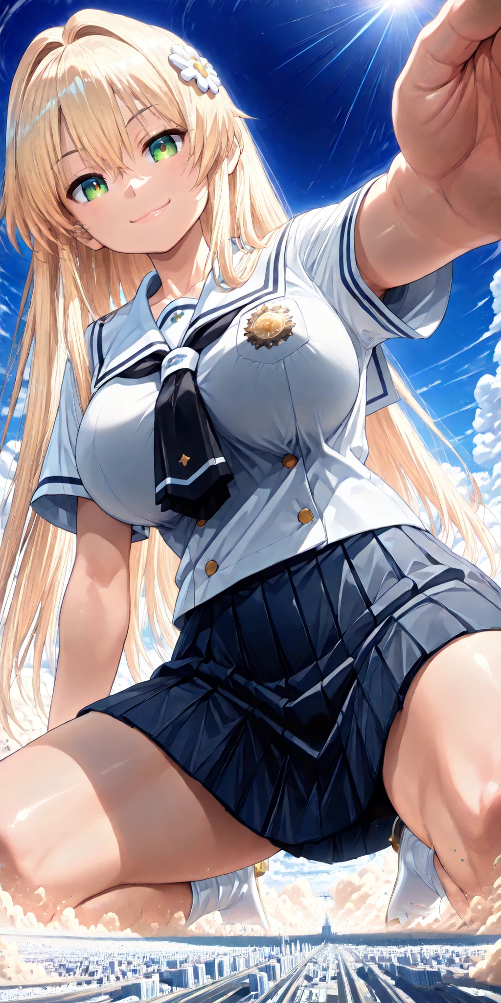 (Kneeling on the ground closest to thighs), 1girl, solo, very super big boobs, A woman's moisturized body, beautiful skin, Rin々Shikumo has a cute smile, Smile, (((super yotta over size giantess:1.3))), ((Ultra-tiny city, collapsing city, Dust cloud)), Outdoors(Aol from directly below a giant woman), (Super quality Best masterpiece, Highest image quality, super high resolution, Super precise art quality), best quality, The sky is high,
((accurate 3Point perspective drawing, Very Accurate Perspective)), ((Ultra-wide field of view, the closer the more huge depiction, Depths of subject depth unique to ultra-wide-angle lenses)), Rubble Mountains, Tsuchi-Tsunami, The ground rolls up,