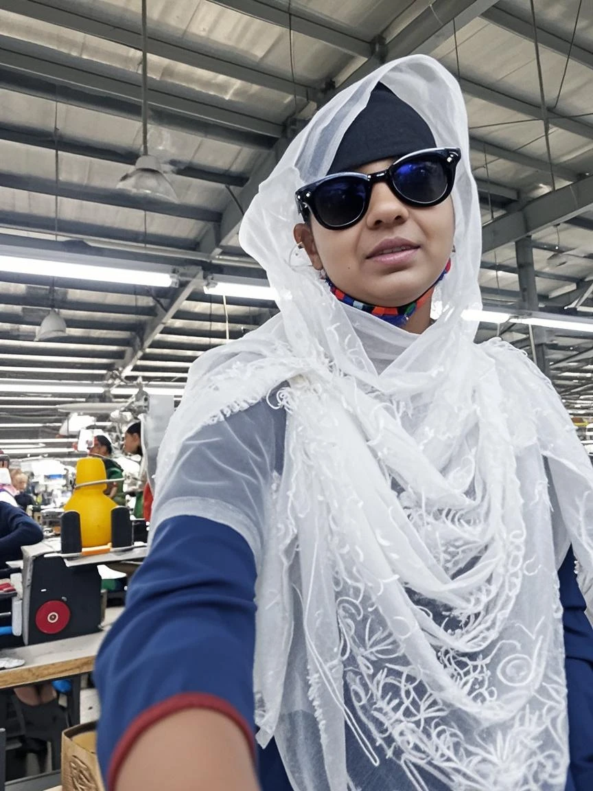 Candid photography of a beautiful Asian train flight attendant, wearing a dark blue hijab, batik patterned shirt, matching formal trousers and loafers, standing next to a stopped train. The background is the morning atmosphere of a train station which is quite busy. Light and shadow, fuji film effect