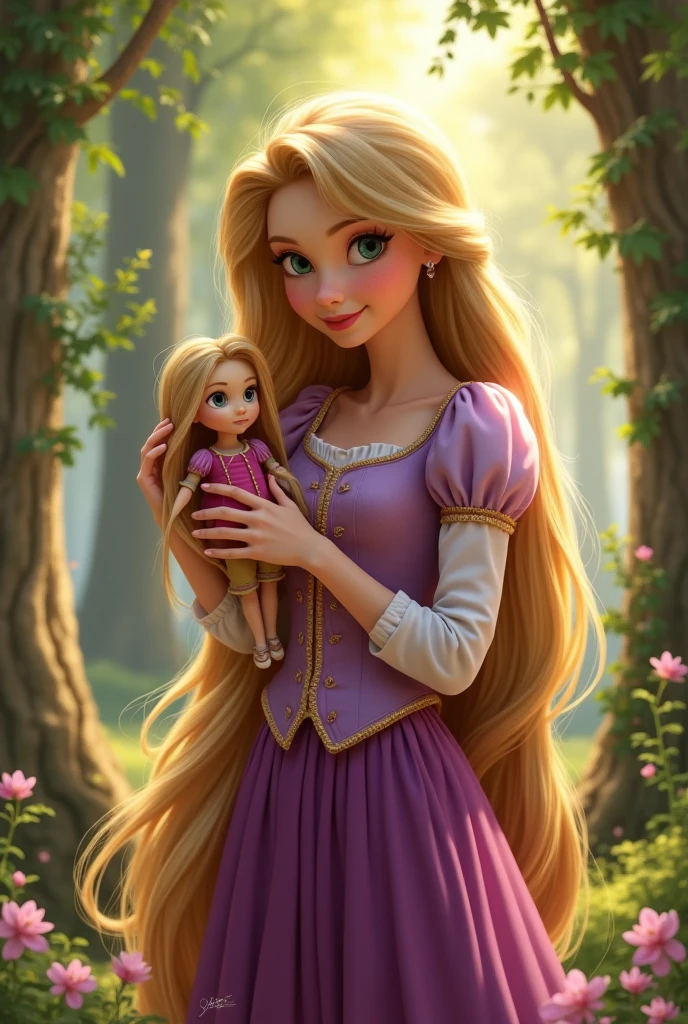 Rapunzel in a mini skirt and thick thighs, She sat with 2 children hugging her legs
