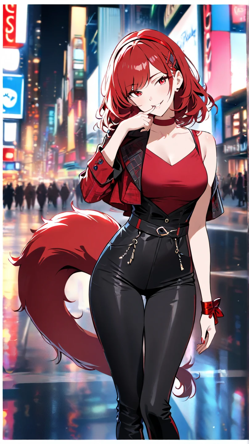 {-erro_de_anatomia:1.0} ultra realistic 8k cg, masterpiece, ((ultra detailed background, delicate pattern, intricate detail)), (highly detailed, fine detailest quality, 1girl, (photorealistic:1.4),beautiful lighting, absurdres, RAW photo, film grain, ((medium breasts, slim girl)), 1girl, solo, long hair, dress, smile, makeup, red lips, one eye covered, lipstick, parted lips, single braid, omplex detailed background, outside, environment, cowboy shot, black dress, BIG , CLEAVAGE, BIG CLEAVAGE, red dress, red dress with big cleavage, christmas lingerie, bare chest, smirk, ((masterpiece,best quality,ultra-detailed, ultra HD, absurdres)), 1girl, bad-girl, mature female, seductive smirk, long red hair, wolf ears, cleavage, big , lipstick, fangs, eyeshadow, japanese city background, fullbody, full body shot, wolf tail, green eyes,