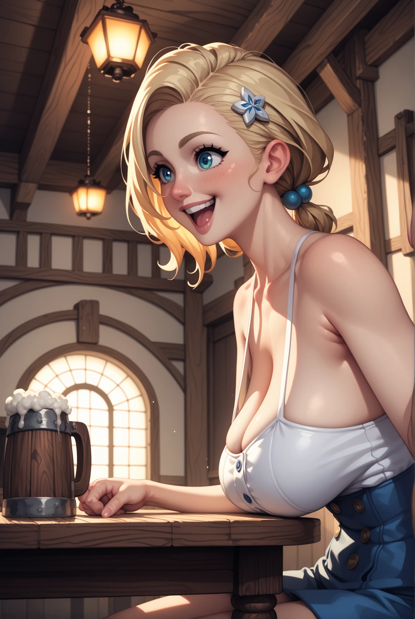 ((topless)), flat chest, barbara_genshin, nsfw, hair braid, masterpiece, 1 girl, erect nipples, intricately detailed, erect nipples, pubs, table, crowd, navel, bare shoulders, necklace, beer, tavern, inn, pub, crowd, platinum blonde hair, twintails, embarassed, smiling, extremely detailed, photorealistic, octane render, 8 k, unreal engine, bare breasts, nipples, blue eyes, carrying beer tray, bare stomach, sweaty, people on background, oktoberfest, smiling, moist breath, child, arm strap, small breasts, braid, short hair, hair flower, blush, bare shoulders, white_headwear, hair_ornament, twin drills, white pantyhose, open mouth, peace sign, winking, bare arms, bare elbows, sleeveless