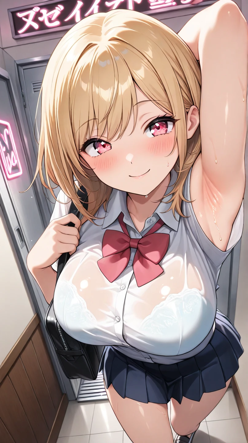 girl, Grab your chest, {Breast milk}, Cleavage, , shirt, skirt, Heart with hands in front of nipples, Browsing Caution