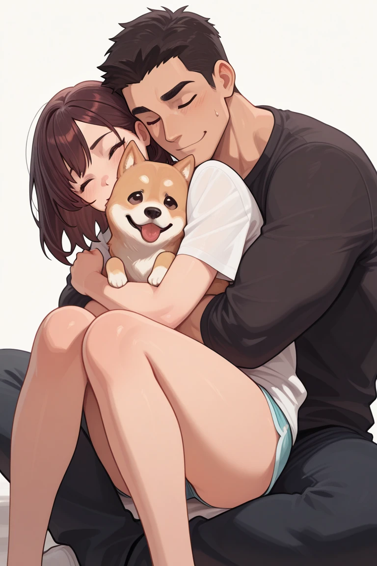 a light brown furry girl, looking at a short haired girl, white and thin with a boy a little taller than her, hair down to the ears, hugged him
