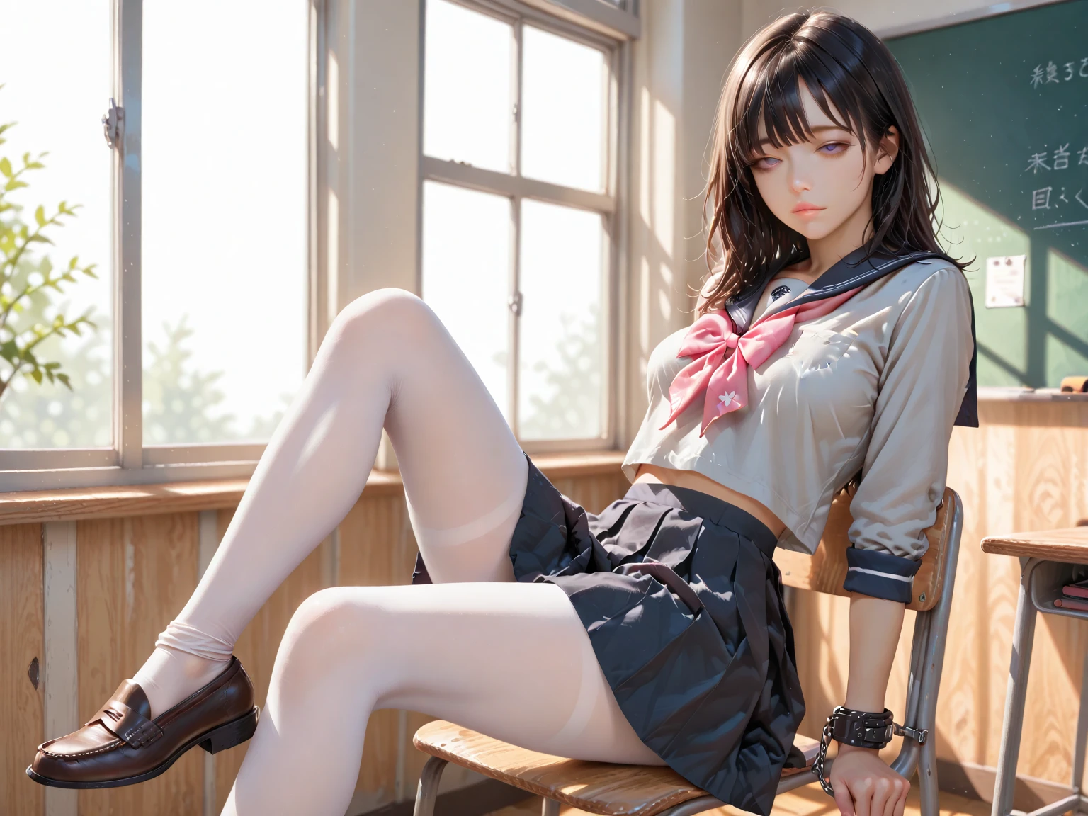 Place your hands on your knees、((She boldly shows off her white panties))、(Squatting panchira)、double eyelid、Perfect Fingers、Perfect Proportions、huge 、Eyelashes、Place your heels on the ground、Beautiful and fine details、Ultra-detailed、High resolution、Transcendental beauty、Highest quality、masterpiece、((Japanese high school girls uniform))、Extremely detailed representation、School classroom、Highly detailed appearance、Pretty Girl JC、Positive、She spreads her legs erotically, (((Dynamic Pose)))、((Sit with your knees bent))、Sexy gaze、Low angle、(((The cameltoe is visible through the white panties))), I can see her pussy crack through her panties, Erotic Cameltoe,