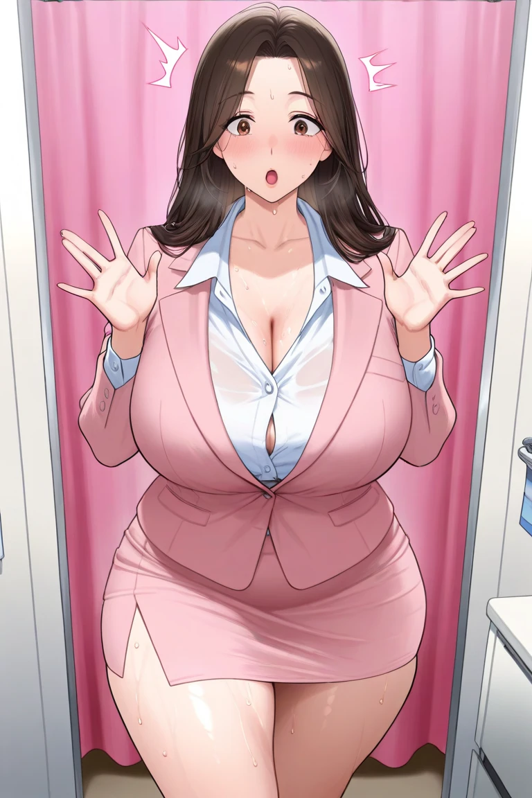 Masterpiece, best quality, ((solo 1 mature MILF with long wavy brown hair, tan skin busty and short nurse, wearing pink nurse scrubs, extremely curvy body, massive thighs, working at the hospital, Curvy, voluptuous, wide curvy hips