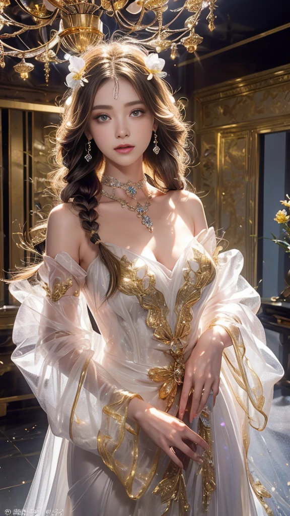 (masterpiece, top quality, best quality, official art, beautiful and aesthetic:1.2), (1girl), (fractal art:1.2),absurdres, highres, ultra detailed, Ultra-precise depiction, 独奏, (zentangle:1.2), floating hair, shiny skin, (abstract:1.2),(Platinum Jewelry)、(Big earrings)、Turquoise Necklace、(Lace-up silk dress)、Shoulder Bare、(Gal Makeup)、 thighs,looking at viewer, ((Nipple Covers)), long hair.sexy、Bun Hair、Silver Hair Ornament、Pink Hair、Twin tails