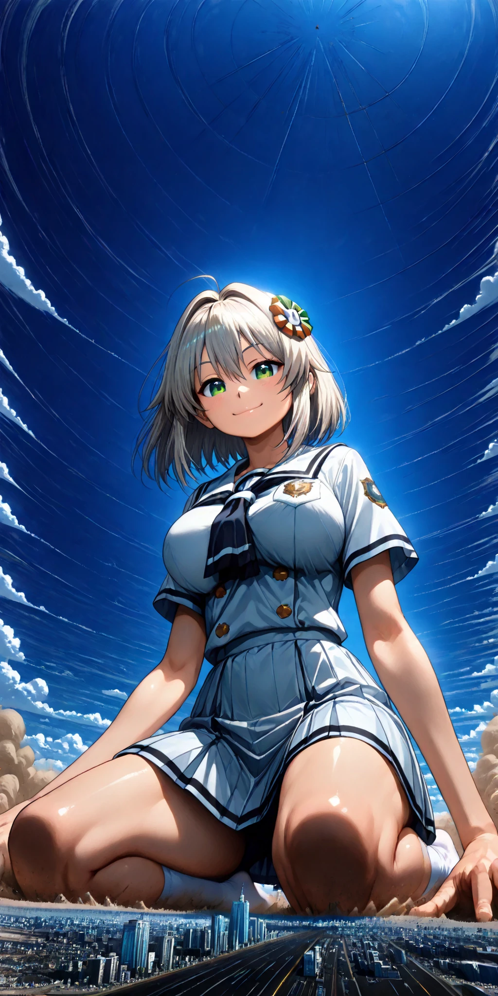 (Kneeling on the ground), 1girl, solo, very super big boobs, A woman's moisturized body, beautiful skin, Rin々Shikumo has a cute smile, Smile, (((super yotta over size giantess:1.3))), ((Ultra-tiny city, collapsing city, Dust cloud)), Outdoors(From directly below the giant), (Super quality Best masterpiece, Highest image quality, super high resolution, Super precise art quality), best quality, The sky is high,
((accurate 3Point perspective drawing, Very Accurate Perspective)), ((Ultra-wide field of view, the closer the more huge depiction, wide-angle lenses from below)), Rubble Mountains, Tsuchi-Tsunami, The ground rolls up,