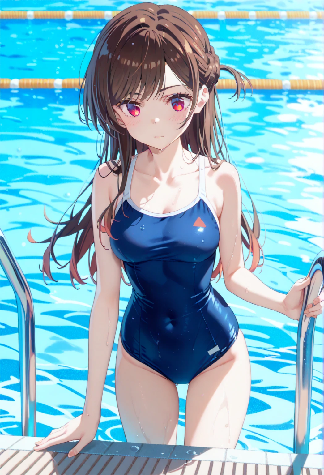 Pussy、School Swimsuit,Brown twin tail hair,Red eyes,Medium chest,A light smile,Poolside,