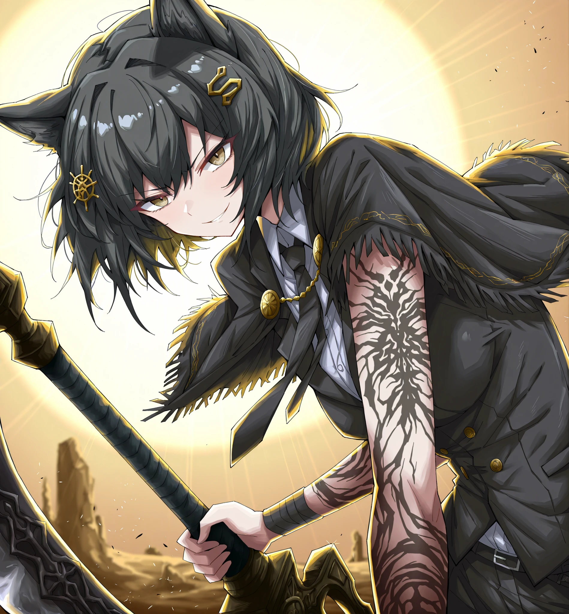 in the style of [arknights|(748cmstyle:0.5)], god rays, darkness, dark souls, dramatic lighting,cinematic shot, masterpiece, best quality, amazing quality, very aesthetic, high resolution, ultra-detailed, backlighting, backlit, dramatic, absurdres, scenery, 
1girl, mature, youthful, solo, upper body focus, (dynamic pose:1.2), RyoshuKurokuma, black tattoos, egyptian armpiece, black hair, short hair, cat ears, sneering, nodachi, greatsword, axe-sword, rover-wuwa, hair ornament, suit and tie, butler clothes, cossack capelet,

 