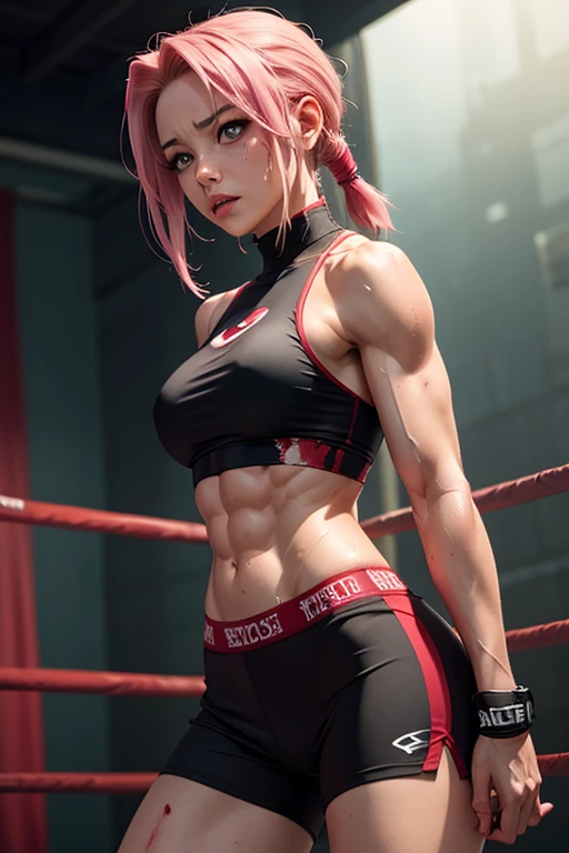 Girl with pink hair, , Beautiful athletic body, leather shorts and tank top, Choker