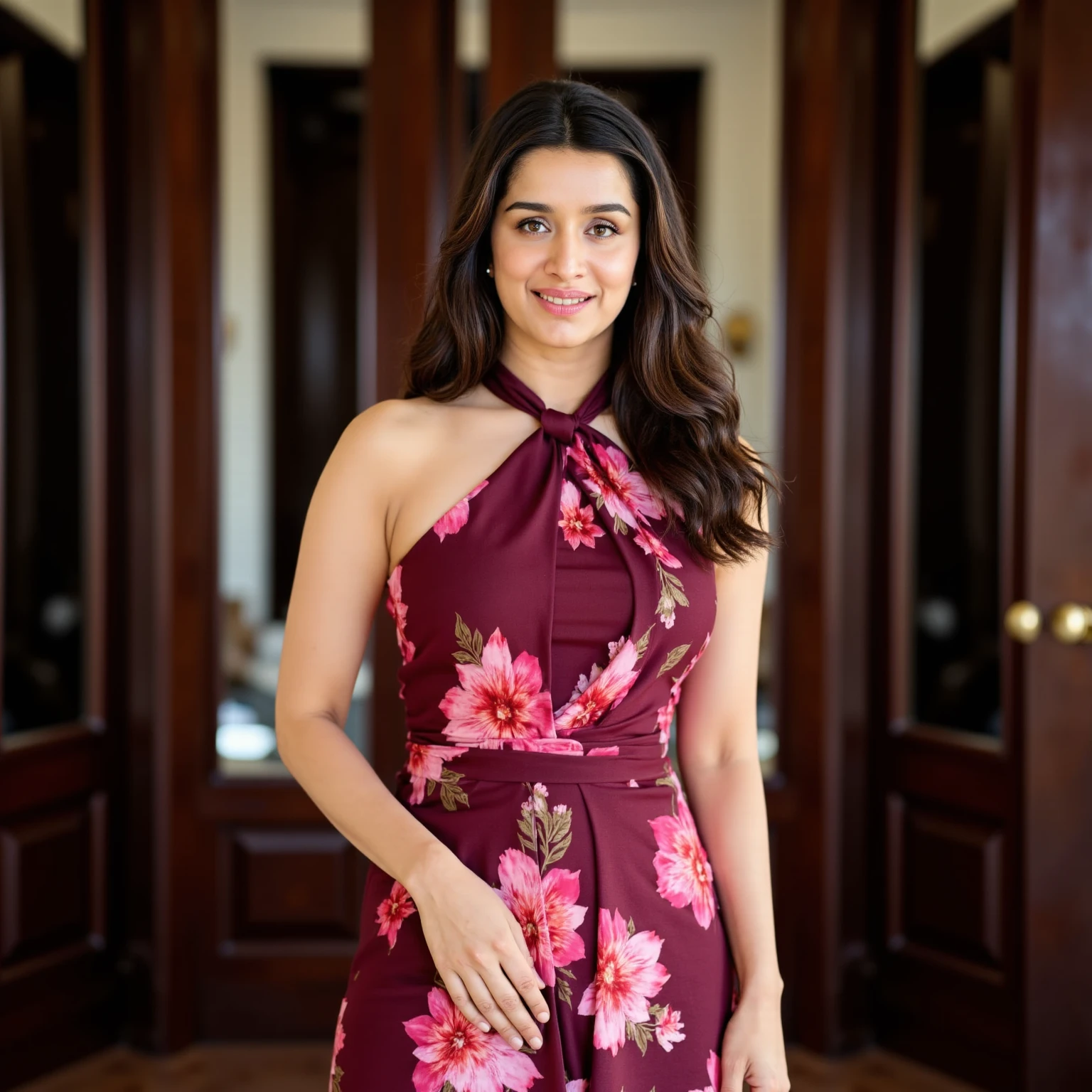 Beautiful Moroccan with dark brown eyes, 28 years old, woman in a red long dress, red dress, stylish ref long dress, full body view, elegant red long dress, garden, romantic setting, almond-shaped eyes, oval face shape, plus size body,  extra large body, XXL body, prominent cheekbones, naturally wavy hair, high resolution, masterpiece, best quality, complex details, highly detailed, sharpness, detailed skin texture, eye details, profession, 4k resolution, charming smile, shot with Conon, depth of field, kodak vision color, 100kg, extremely detailed, ultra-realistic photography ,photo realistic, post processing, maximum detail, true to life