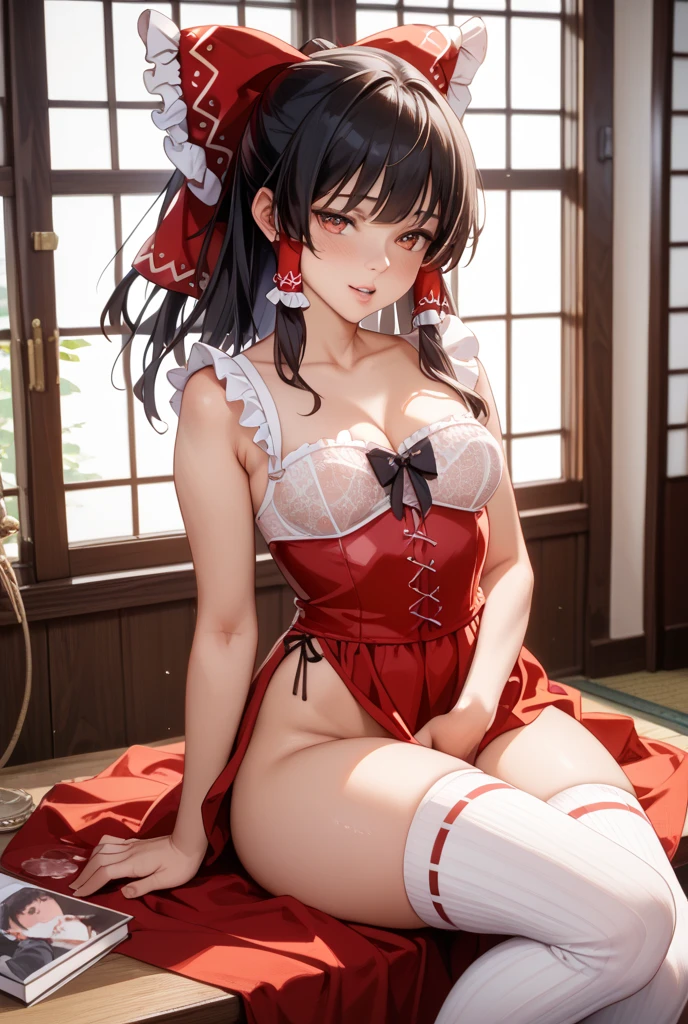 Masterpiece, Best quality, hindquarters_Visible_Through_Thighs, Cityscape, Real, A high resolution, Colorful, Girl, Long hair, Colored inner hair, curly_Hair, Beautiful detailed eyes, Light smile, Small breasts, Japanese_clothes, Obi, Frilled bra , white kneehighs, Earrings, Hair_bow, necklace, Sit on the, wariza/W-sitting, nipple tweak_thigh high,