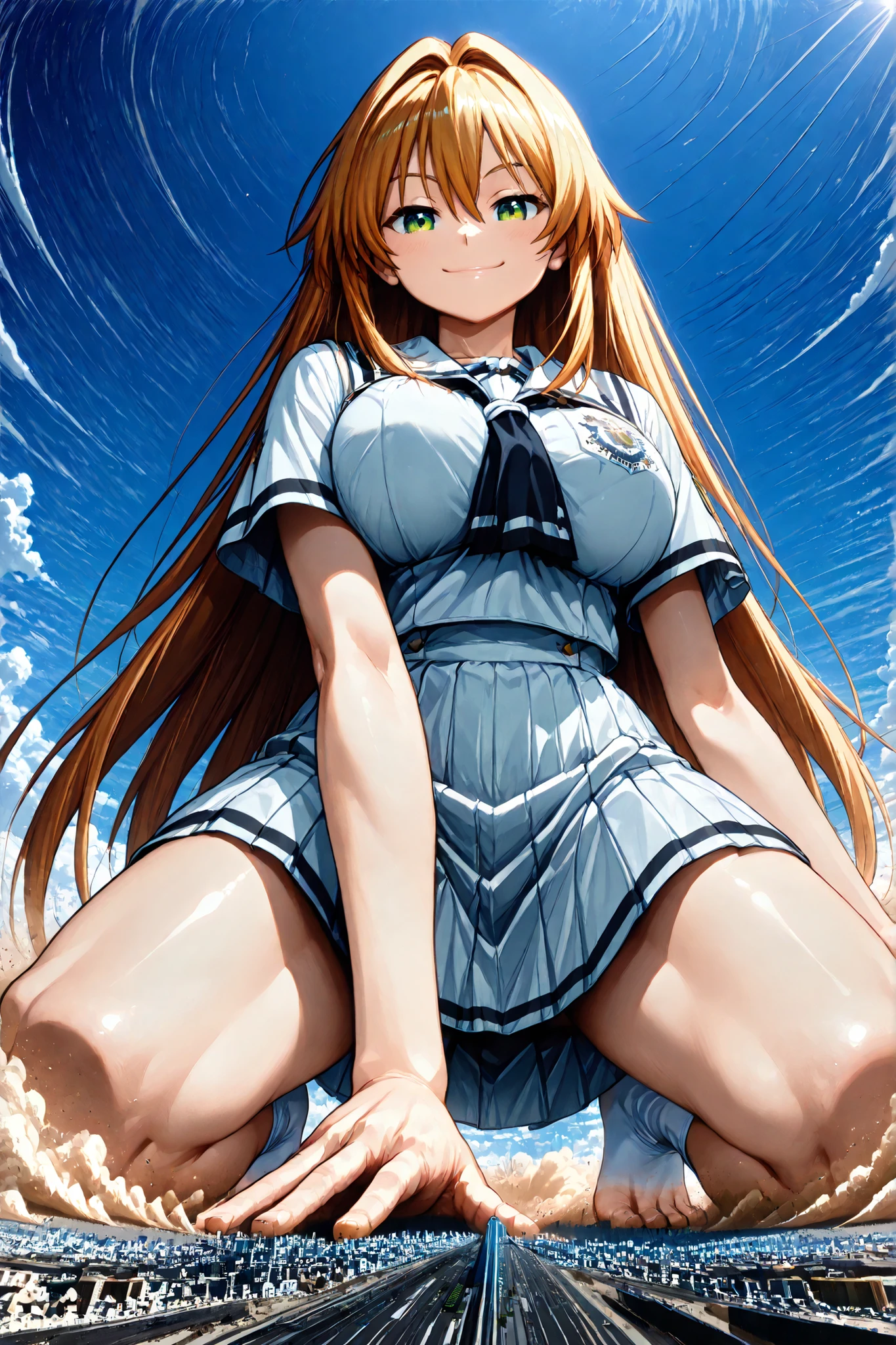 (Kneeling on the ground), 1girl, solo, very super big boobs, A woman's moisturized body, beautiful skin, Rin々Shikumo has a cute smile, Smile, (((super yotta over size giantess:1.2))), ((Ultra-tiny city, collapsing city, Dust cloud)), Outdoors(from below), (Super quality Best masterpiece, Highest image quality, super high resolution, Super precise art quality), best quality, The sky is high,
((accurate 3Point perspective drawing, Very Accurate Perspective)), ((Ultra-wide field of view, closer the closer the bigger picture, wide-angle lenses)), Rubble Mountains, Tsuchi-Tsunami, The ground rolls up,