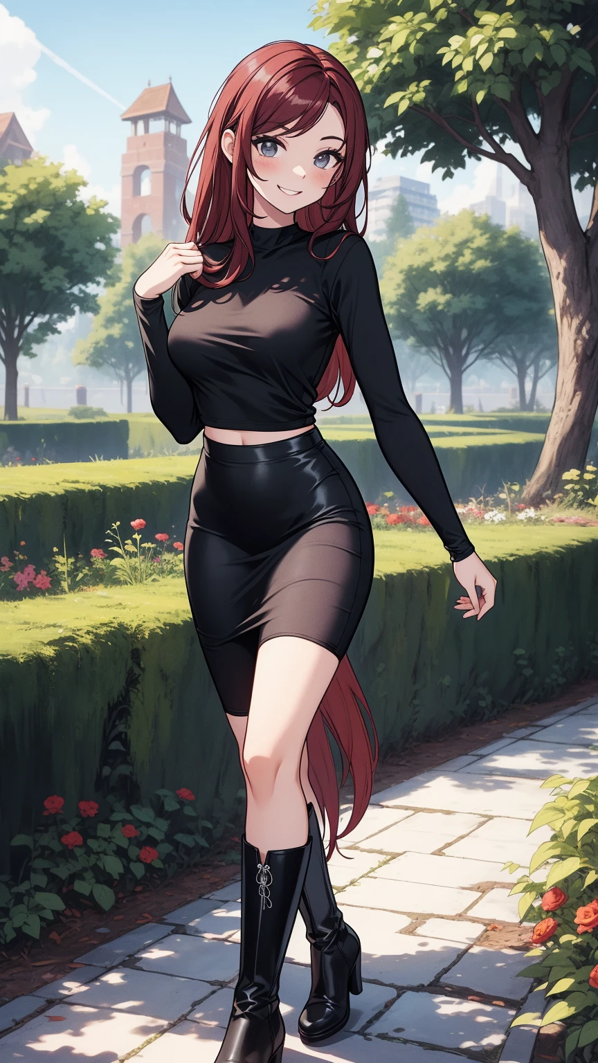 Adorable, Woman,big-eyed woman, round face. promenent lips. Smileing,In the garden,Her hands are behind her...., , large ass, wearing a cute sun dress. Picture from the side,looking at the scenes, intense colors, Very valuable details, complex details, volumetric lighting, digital art, 8k, trending on Artstation, Clear focus, complex details, highly detail, Greg Rutkowski Big Eyes, high-resolution, fiery red hair. Anna Popplewell

