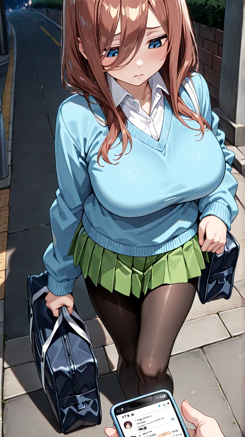 best quality,1girl,((big breasts:1.1)),((orgasm,blush,sweat,steam:1.1)),nm1, ((school uniform, long sleeves, blue cardigan, green skirt, pantyhose, black jacket, open jacket,panties under pantyhose:1.3)),classroom