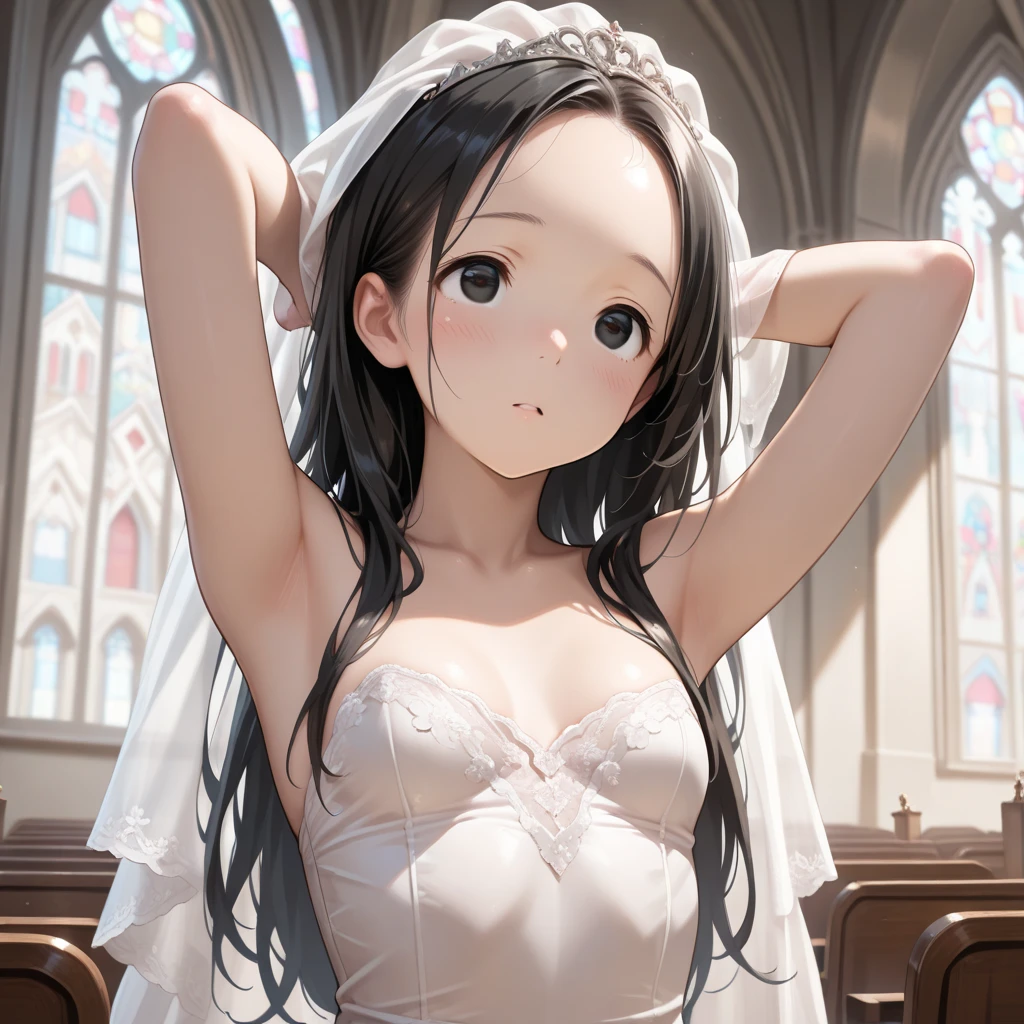 (nsfw),(super fine illustration,8K CG wallpaper,best quality,extremely detailed,ultra high res,best aesthetic),(cowboy shot,from front),1girl ,idolmaster, ((yukimi sajou)), (12yo,beautiful girl),((((beautiful dark orange eyes)))),(((beautiful dark blue hair))), (((midium straight hair)))),(((Blunt bangs))),(wet skin),(sweat),(steam),((flat chests,very small breasts)),((mini)),(petit)),(gorgeous wedding dress:1.5),(wedding veil, white corset, white lace legwear, nipple, white wedding grove:1.3), ,(open clothes),(wet clothes),(first round),half-closed eyes, orgasm face, O-face, blush cheeks, arched back, (vaginal penis:1.2), (a Faceless male), ,(((carrying sex))),hetero, man in below, (intense Sex:1.7), (cum out:1.2),(red carpet),(((multiple boys, peeing on a girl,multiple penises, gangbang, holding penis))),((ecstasy torogao, saliva trail, nose blush,one eye closed,out tongue)),cleavage of the breast,happy,((smile:1.9),((cum on body:1.9)),((cum on face:1.9)),((cum on hair:1.9)),(Bukkake, cum in mouths:1.3),(vulgarity),((wedding chapel:1.5)), (indoor, church, many stained glass window),look at viewer,