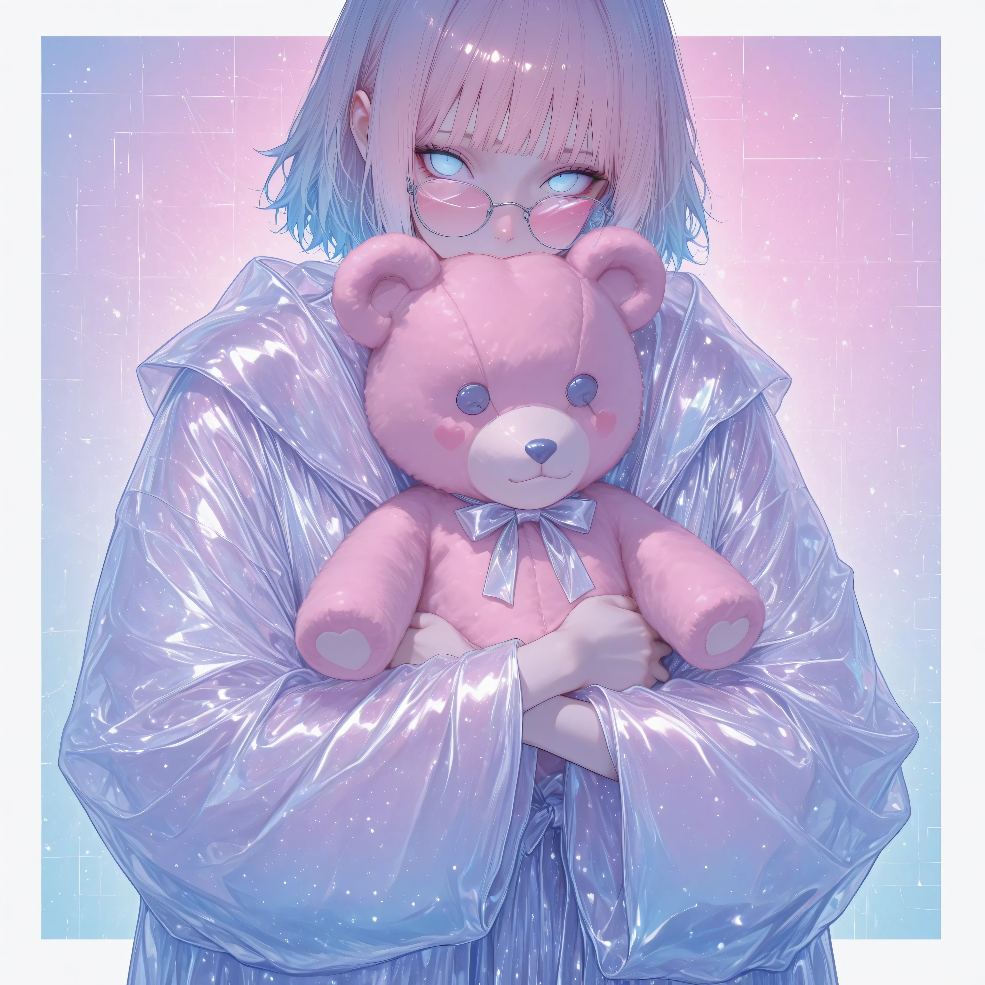girl ( Naruto Hinata), Lies and hugs (dokimakuru monster), In the background (delicate shades), hugs a teddy bear, dressed (in a sexy Japanese-style cyber robe), hair (gradient)(square), blue-eyed , 8 k (kachestvo, detail, Rendering, тотальная detail, 3Д реализация и kachestvo)