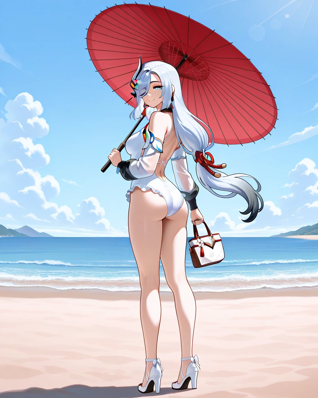score_9,score_8_up,score_7_up,umbrella, 1girl, solo, very dark skin, dark-skinned female, makeup, (emilia_\(re:zero\)), colored skin, jet-black skin, shiny skin, metallic tan, skinny, ribs, collarbone, sidelocks, blushing, half-closed eyes, wide hips, sweat, steam, woman at beach looking at viewer, long false eyelashes, slutty expression, bikini, thong, micro bikini, lingerie , perfect body, poses thong, sweaty, blush, oiled body, huge tits ,choker, skindentation, miss fortune, long hair, under a beach