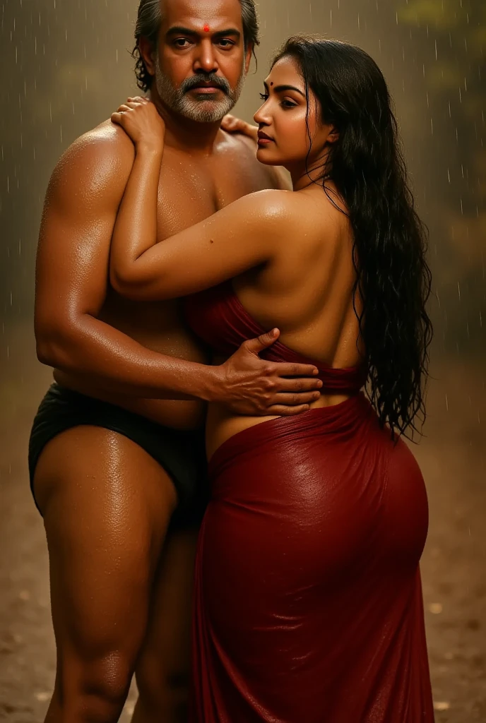 full body picture , BBW Wet curvy, wet Desi bhabhi showing her big ass  in sexy sexy thong cow pattern THONG TINY bikini and showing cleavage and in nose ring, many bangles in hands,earings, necklace ,lipstick ,navel,Indian, Chubby, showing her curves in sea water, sea waves , rocks, kissing a bearded muscular man in shorts,