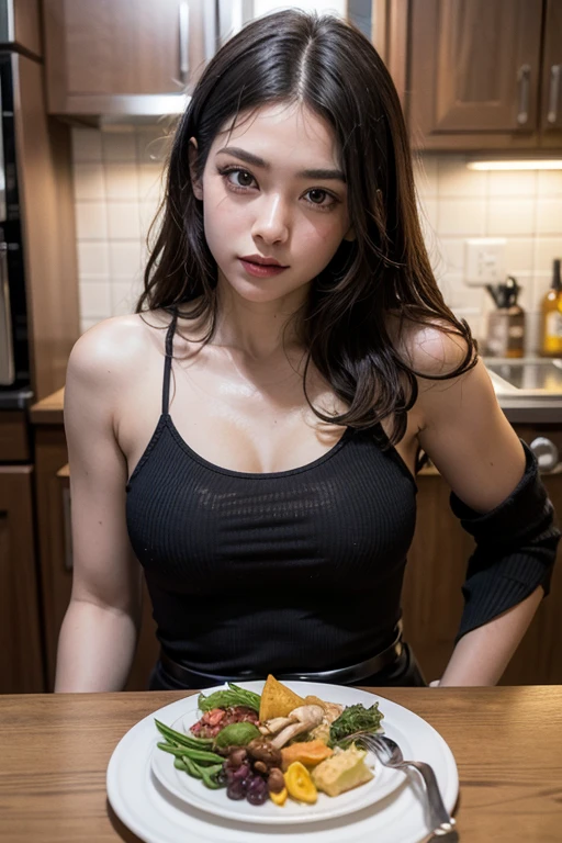 (dynamic angle:1.3, front view:1.1, breast focus:1.3, from above:1.1), (dynamic posing:1.2, sexy posing:1.2), (seductive smiling:1.3), ((holding Pasta on a plate,Taking the pasta out of the pan, worried about the outcome:1.2)),highest quality、(real、photorealistic:1.4),(ultra high resolution, 8K RAW photo, clear focus), best qualtiy, natural lighting, field depth, (Bright pupils, detailed beautiful eyes, high detailed face), Red lip, (tight focus:1.2), a girl 22yo old, Wearing a pastry chef uniform:1.3 , Thicc, thin breast, long hair, blue eyes,garter stocking, cleavage:1.2, midriff, black shorts, black thighhighs, thigh strap, pretty girl, (highly detailed beautiful face and eyes,firm breasts),real skin,((black,hair,long pony tail hair)),thin pubic hair,cute,lovely, detailed eyes,(double breasted:1.0,under bust:1.0),(with sparkling eyes and a contagious smile),open mouth, Looking at Viewer,A scene of make cooking Carbonara Pasta  in the kitchen

