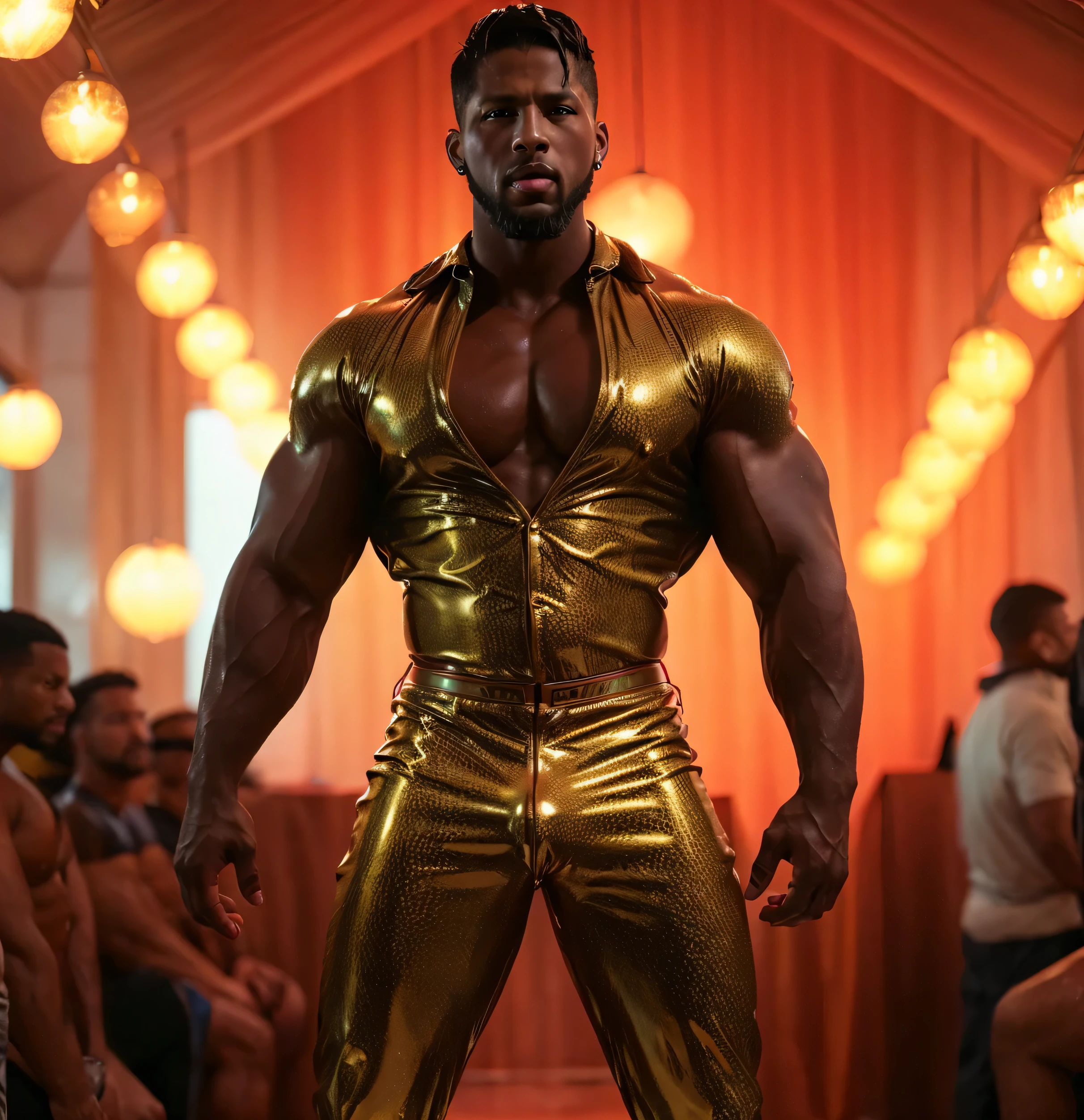 There is only one handsome Asian king in the photo,35 years old,tall, Wearing a golden crown,Crown inlaid with gemstones,Holding a golden scepter,Scepter inlaid with gemstones,Fitness,Smooth body,Smooth skin,No chest hair,short hair, O-Shaped Beard,Perfect body, Dark skin color,Radiant Skin,Smooth skin,Shiny, shiny skin,Smooth pectoral muscles,Muscle bulge, muscular, Very large pectoral muscles,Very sexy abdominal muscles,Very well-developed leg muscles,Huge concave and convex area,Brightens oily skin,Wearing a shiny gold leather thong,Handsome face,Normal human toes,Correct and accurate male body proportions,Gold Collar,Gold bracelet,Gold anklets,Standing in the magnificent palace,Epic。
