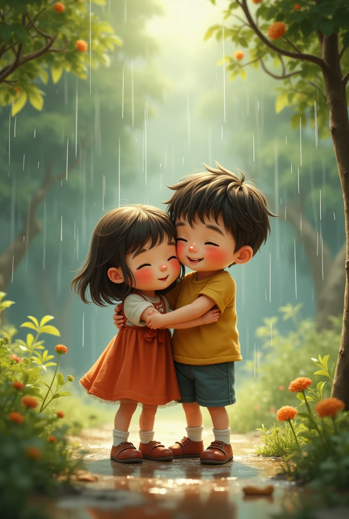 a Indian couples younger age under 10 age , walking in park , rain weather both hands in shoulder enjoying rain
the boy is wearing a white printed shirt , the girl with pink white mix printed shirt and without in shirt,stylish and boy name with "FIGHTER" small written on it's back , girl name with "SPANDANA" small written on it's back , in big and bold fonts, 3d illustration