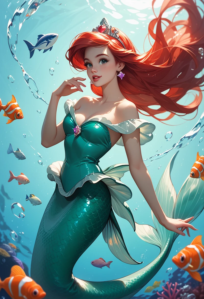 最高质量,杰作:1.2,细节详细,portrait of a 19-year-old woman dressed as Ariel The Little Mermaid from Disney. She holds a starfish in her hands. She’s sitting by the sea and she is surrounded by bubbles