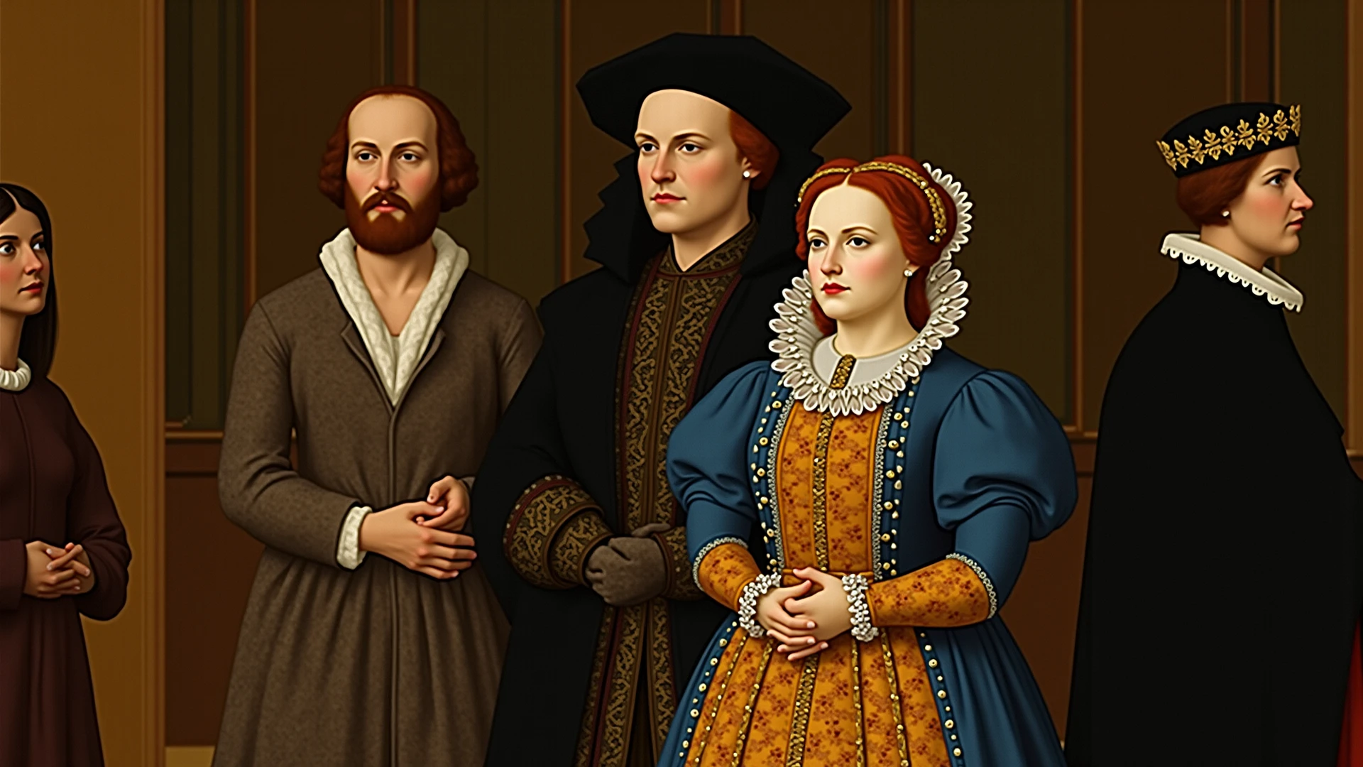 Best illustration, ultra-detailed, masterpiece, high resolution. Illustrate a scene with a group of courtiers reacting to Henry VIII's attire. Portray their expressions as surprised and amused.