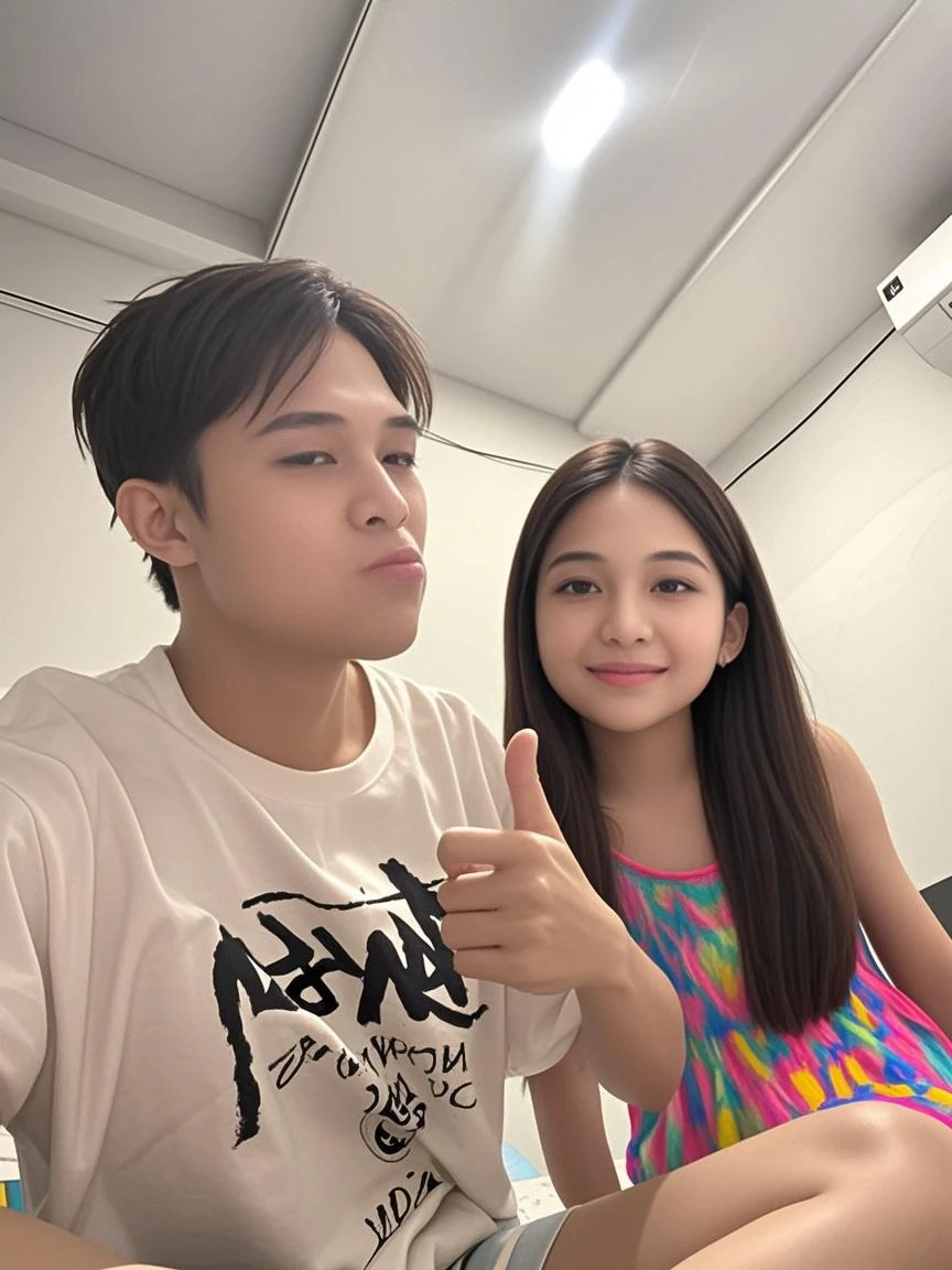 girl with perfect curls round face long hair and healthy brown eyes perfect mouth perfect teeth Y2k clothing and many accessories and Y2k hairstyle in a hospital with her Korean boyfriend who looks like hyunjin from stray kids (grupo kpop)