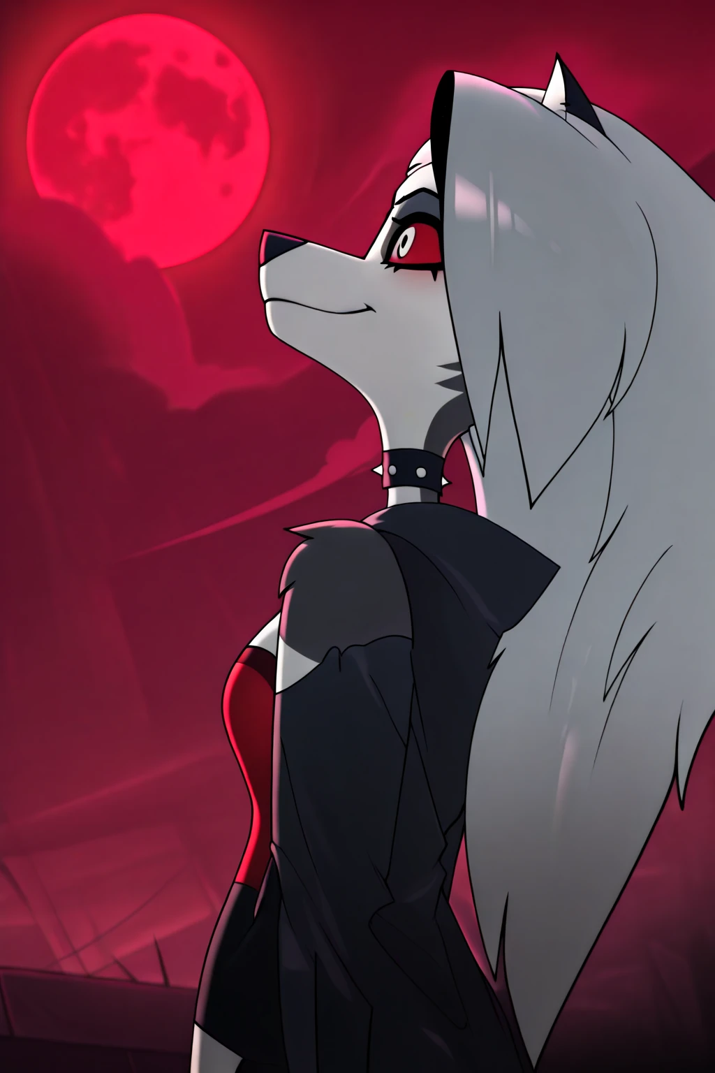 masterpiece, best quality, face portrait of a female anthro loona hellhound, loonacroptop, detailed face, (detailed eyes, slit pupils, white pupils:1.2), (red sclera), smile, [spiked collar, pentagram], (looking at viewer), selfie