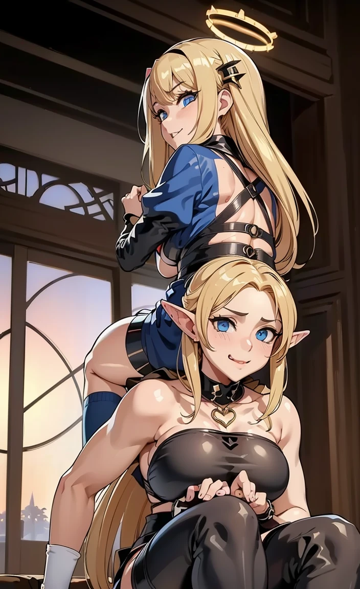 Malicious Hylia, blonde red eyes, smirking at viewer, POV, battlefield, girl on top, view from below, leaning over viewer, knight armor,