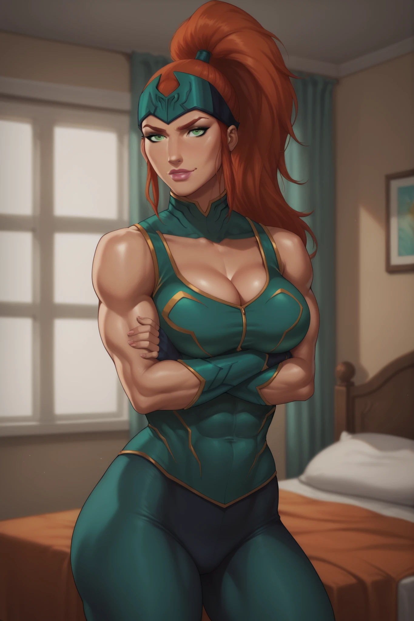 BREAK, score_6_up, score_9, score_8_up, score_7_up, high quality, masterpiece, Mera, 1girl, solo, forehead protector, green eyes, red ginger hair, high ponytail, muscular female, large breasts, cleavage, curvy, athletic, long hair, hair pulled back, pink lipstick, makeup, looking at viewer, smiling, seductive expression, bedroom eyes, turquoise leather jacket, turquoise tank top, turqouise leather pants, turquoise leather fingerless gloves, long sleeves, indoors, bedroom, standing, closeup, portrait, arms crossed, crossed arms
