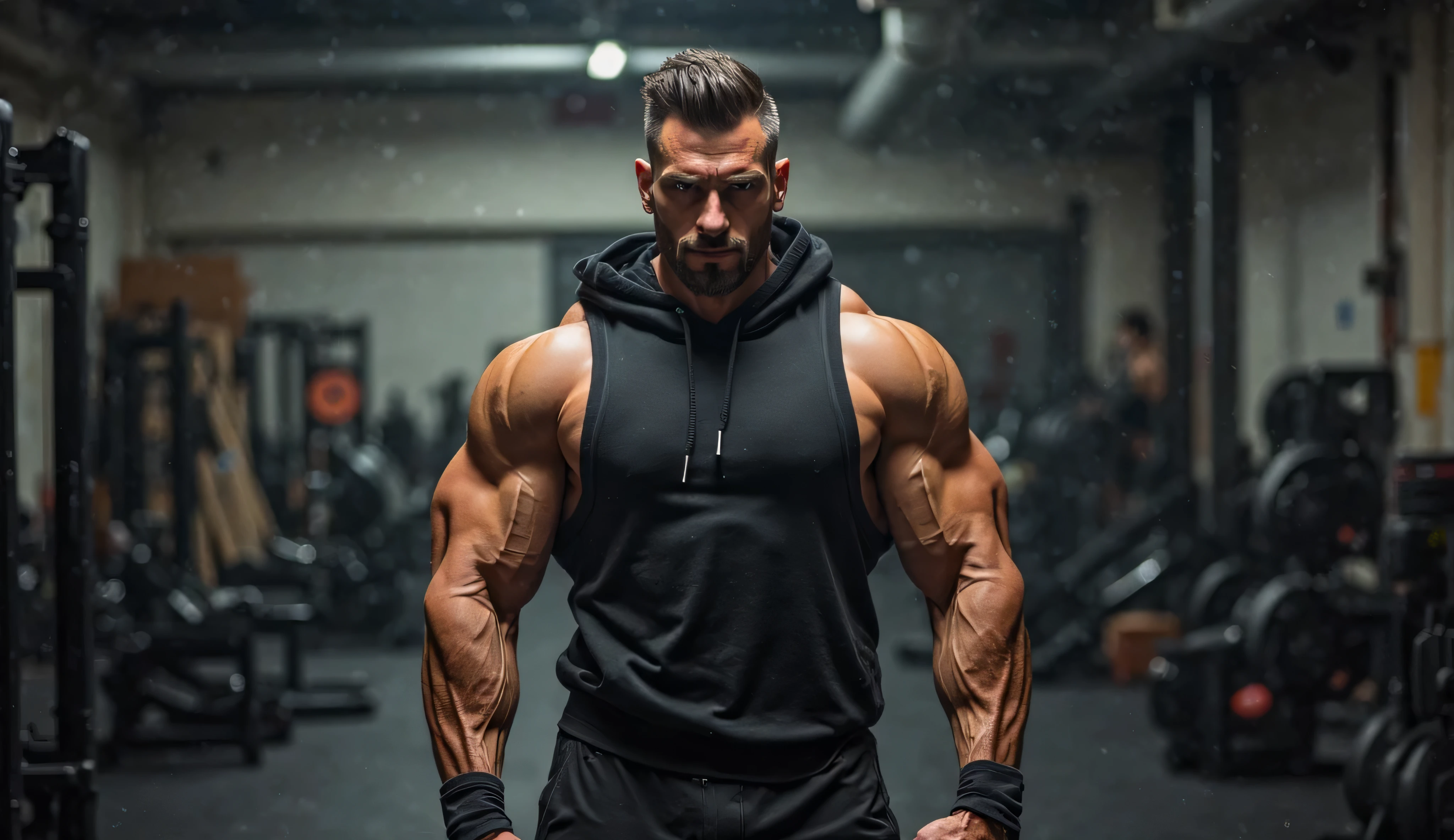 Strong muscular man,street angry,backpacks,photore,complex stuff around,the complex background,soaking wet,Complicated details, vignet, cinmatic lighting, depth of fields, professional photoshooting, hyper HD, digital SLR camera,large muscle,chest muscle,Black socks,Black sports shorts