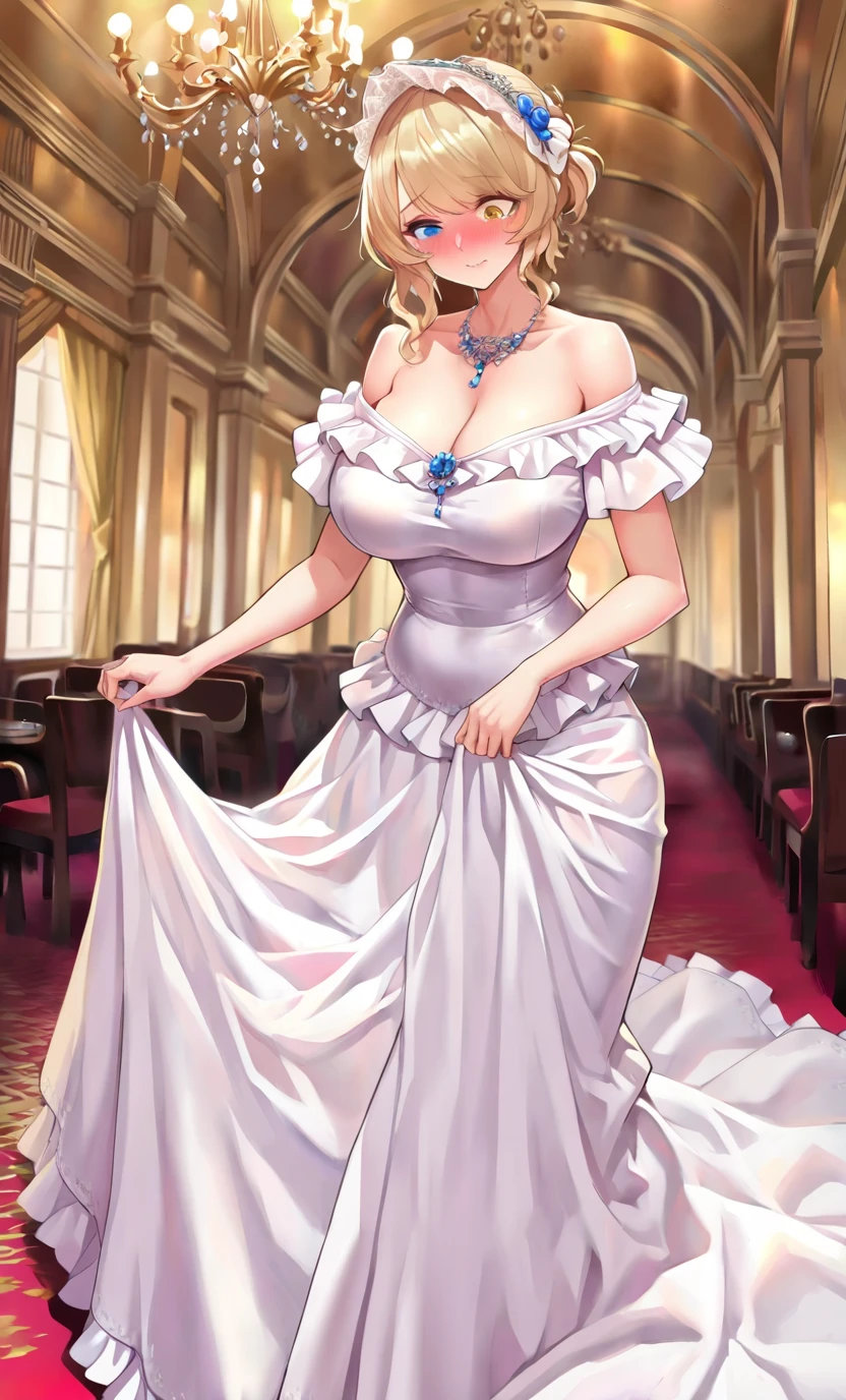 wedding dress, long blonde hair, sitting, hourglass figure, huge breasts overflowing cleavage, (background black couch, detailed walls, crowd behind, warm light), realistic,  