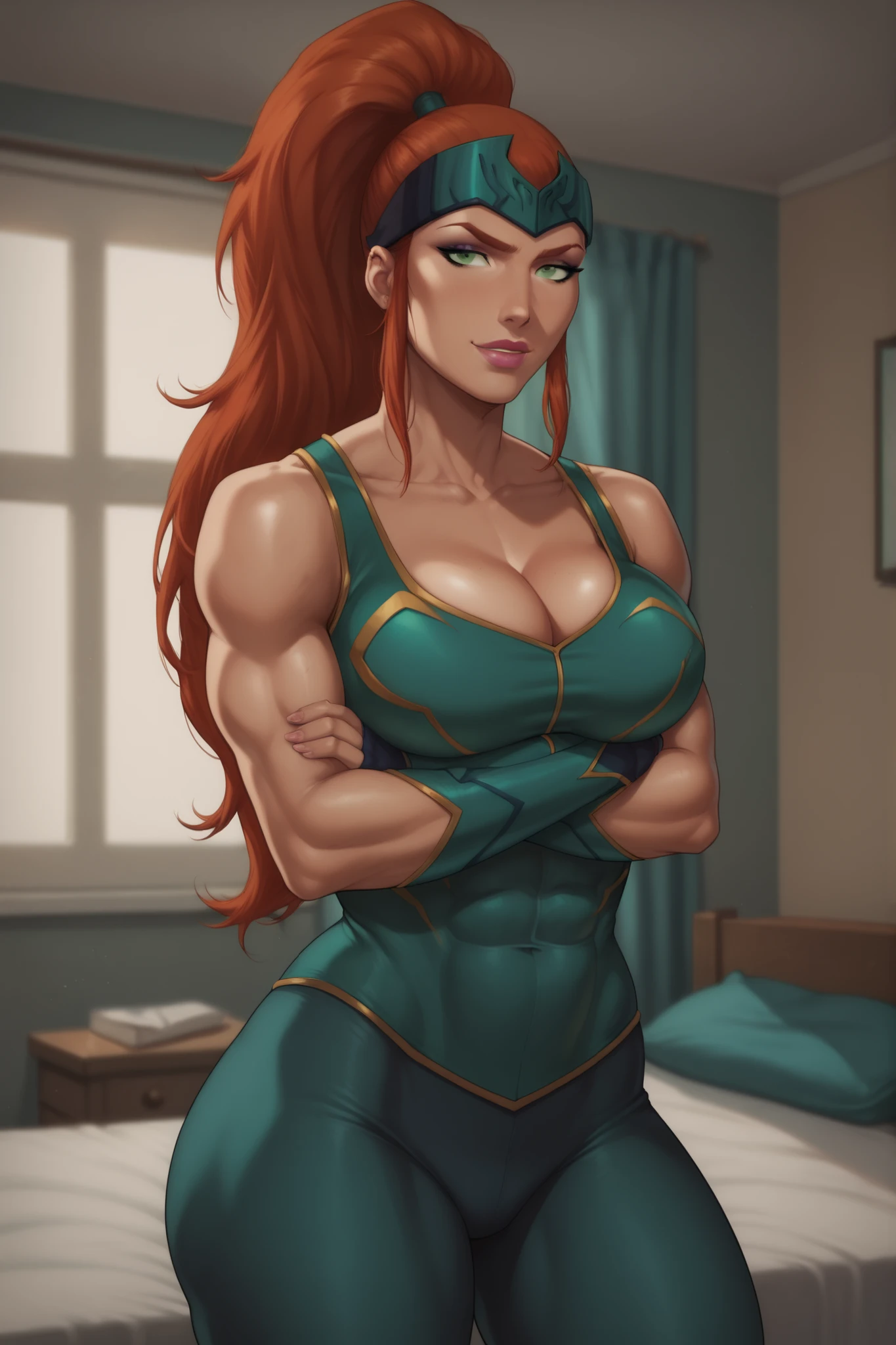 BREAK, score_6_up, score_9, score_8_up, score_7_up, high quality, masterpiece, Mera, 1girl, solo, forehead protector, green eyes, red ginger hair, high ponytail, muscular female, large breasts, cleavage, curvy, athletic, long hair, hair pulled back, pink lipstick, makeup, looking at viewer, smiling, seductive expression, bedroom eyes, turquoise leather jacket, turquoise tank top, turqouise leather pants, turquoise leather fingerless gloves, long sleeves, indoors, bedroom, standing, closeup, portrait, arms crossed, crossed arms