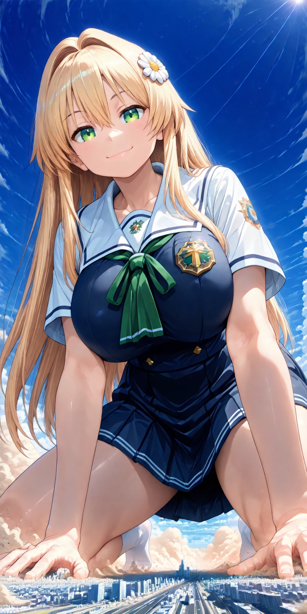 (Kneeling on the ground closest to thighs), 1girl, solo, very super big boobs, A woman's moisturized body, beautiful skin, Rin々Shikumo has a cute smile, Smile, (((super yotta over size giantess:1.3))), ((Ultra-tiny city, collapsing city, Dust cloud)), Outdoors(Aol from directly below a giant woman), (Super quality Best masterpiece, Highest image quality, super high resolution, Super precise art quality), best quality, The sky is high,
((accurate 3Point perspective drawing, Very Accurate Perspective)), ((Ultra-wide field of view, the closer the more huge depiction, Depths of subject depth unique to ultra-wide-angle lenses)), Rubble Mountains, Tsuchi-Tsunami, The ground rolls up, Depiction of a giant woman with even more super huge impact and destructive power,