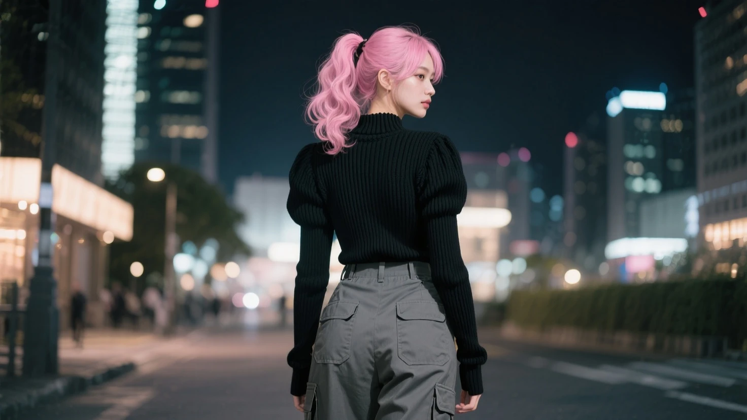 photo of sexy Korean girl sitting on 5th avenue wearing high heels, short pink hair, dark makeup