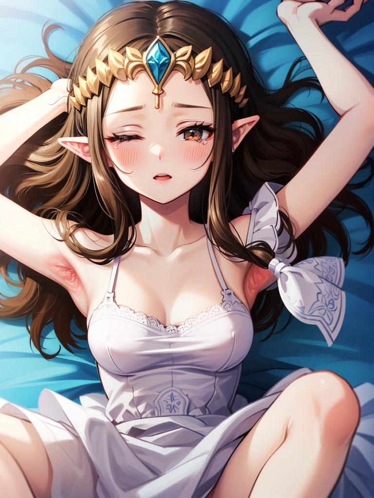 (((()))),(((Face close-up))),((())),(((Expressionless))),((((Please lift your skirt)))))),((Upper Body)),((alone)),((),Anime art style,masterpiece,(Highest quality), (Super detailed),(Very delicate and beautiful),(alone),(detailedな顔と目),Beautiful eyes like jewels,(,(((Mature Woman,Queen))),(()),((crinoline)),,((Straight long hair)),,Cleavage,(bed),length_gloves,Very gorgeous hair accessories,Sparkling、((((Front Face)))),((((Adult Expressions)))),((((Beautiful Face)))),((((dress)))),((smile)),(((Long Hair)))),((((Straight hair)))),((Cleavage)),((((Dark brown hair)))),Princess Zelda,((chest is slightly exposed)), ((Highest quality)),,(Very detailed) ,(((((White Bikini)))),(()),Brown Hair,, ((Highest quality)), (Very detailed),((detailed)),(((pray))),Nintendo, The Legend of Zelda),,((alone)), ((Highest quality)), (Very detailed), ,