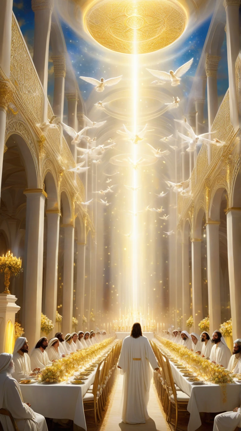 Heaven with streets of gold and a throne in the middle with several angels playing instruments