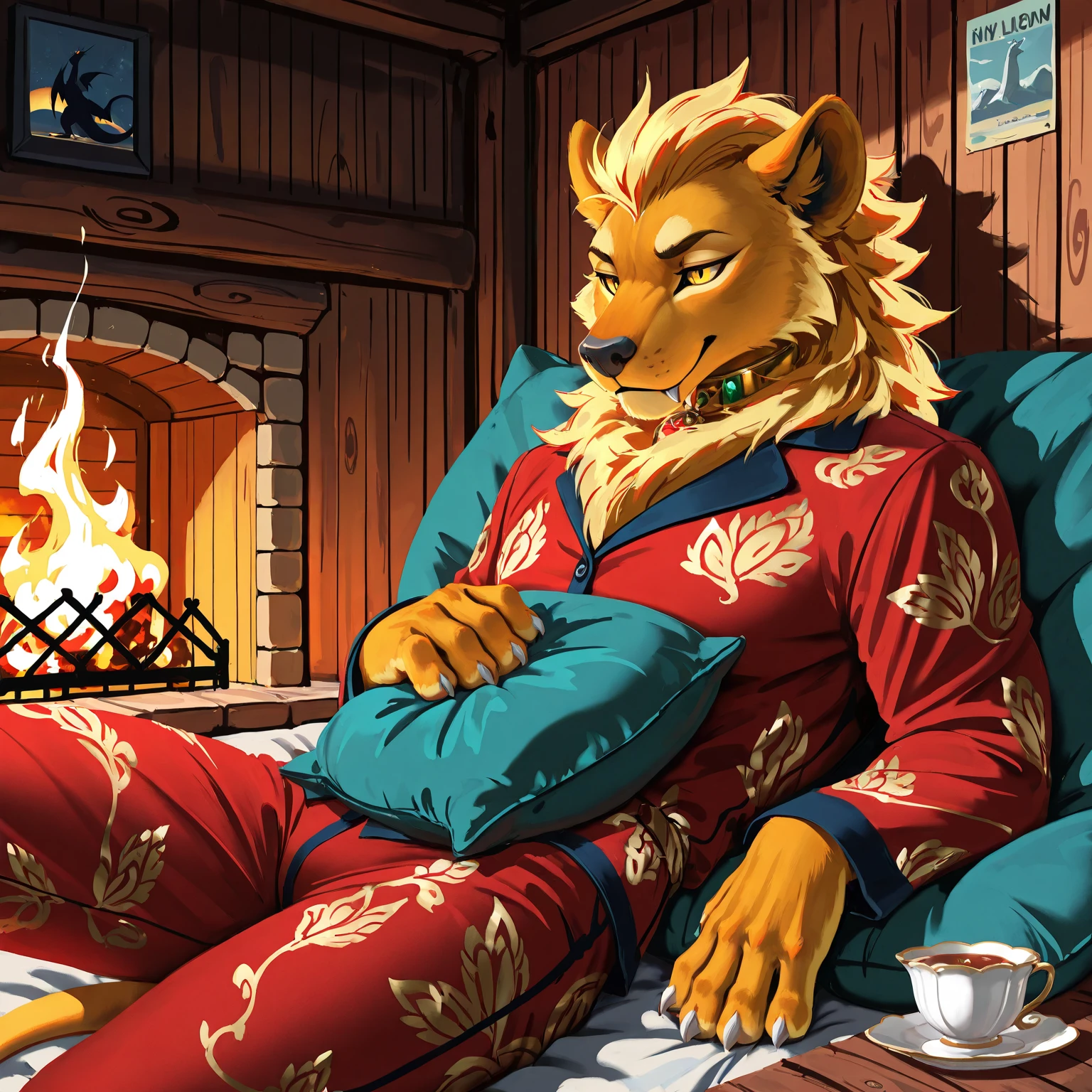 **Prompt:** A beautiful, (masterpiece), high quality, perfect lighting, highly detailed CG Unity 8k wallpaper, high resolution, perfect lighting, youthful, adolescent, tall, slim, skinny, frail slender figure, slim legs, distinctly feminine figure, narrow hips, long legs, close-up shot of a unique female leopard character. She has sleek, golden-yellow fur adorned with intricate rosette patterns in deep black, giving her a striking and exotic appearance. Her hair is long, flowing, and jet black, cascading down her back and partially covering one side of her face. Her eyes are a deep, enchanting green, filled with a mysterious allure.

She is dressed in a sensuous, elegant outfit: a form-fitting silk camisole in deep emerald green with delicate lace trim, paired with a sheer, flowing wrap that drapes over her shoulders and arms, adding a touch of sophistication and grace. Her accessories include a pair of dangling silver earrings, a thin, diamond-studded choker, and a delicate silver bracelet. She holds a single, deep red rose in one hand, its petals soft and velvety against her fur.

The character is posed reclining on a luxurious, plush chaise lounge upholstered in rich velvet. One leg is elegantly draped over the side, while her other leg is bent slightly at the knee. Her free hand rests lightly on the back of the chaise, fingers gently curled. Her expression is soft and inviting, with a slight, knowing smile and half-closed eyes that exude a sense of calm and sensuality. The background is softly blurred, with hints of a lavish, dimly lit room adorned with rich fabrics and ornate decor, creating an intimate and romantic atmosphere that enhances the character's allure and the captivating mood of the scene.