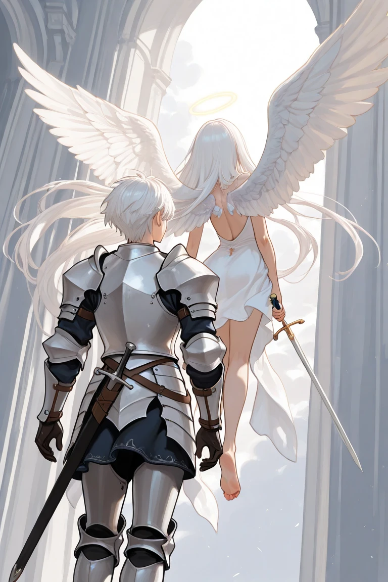 The setting picture of the characters fighting side by side with the angel&#39;s red fire lightsaber，Together with Chuan Chuan，The character is a cute and simple fusion of ghost and angel images，Has a white translucent body and delicate feathers，multi-layered angel wings，Hue in red、Mainly orange and pink，The lower part of the body gradually tapers into the shape of a ghost tail.，Overall feeling light、Lovely and very friendly single person, High resolution, long hair, Very long hair, Contemptuous eyes, A light blush, movie lighting effects, Sacred top light, anime style, 