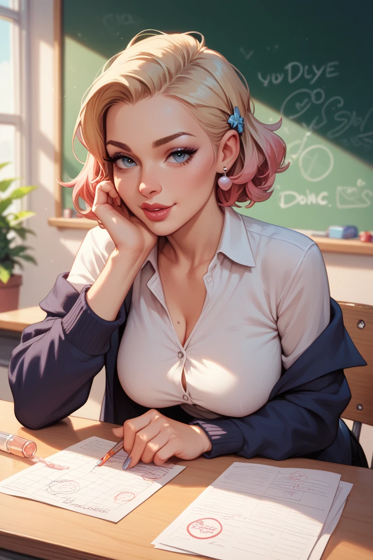 white silk shirt, deep v neck, school suit, red lace bra, pencil skirt, GwenstacySDXL, short hair, medium breast, teasing, looking at viewer, grabbing a pen and biting a pen in teasing