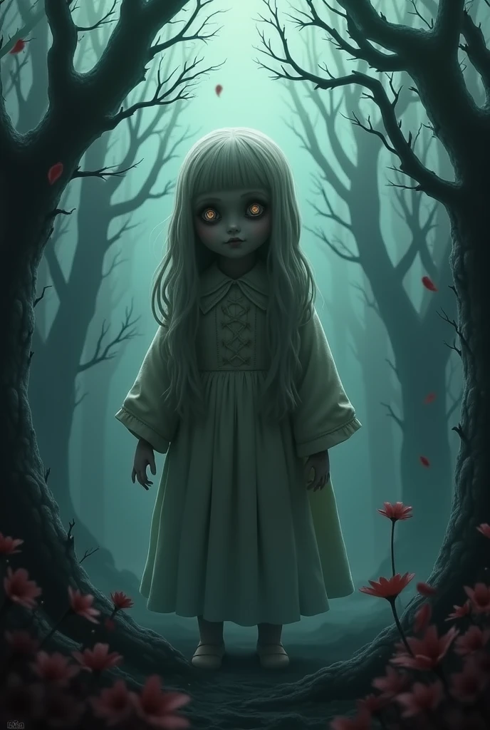 (best quality: 0.8)), ((masterpiece)), (detailed),
 1girl, child, long brown hair, light blue eyes, blood-stained Of course yellow dress, blood-stained face, holding a white teddy bear, dirty white socks, dark forest, death, crescent moon, poltergeist