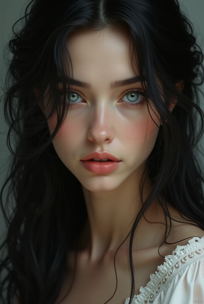 Masterpiece, close-up, face view, no_clothes, natural, naked, detailed eyes, detailed small breasts, detailed ,
color pencil drawing of a very beautiful sad young woman, 20 year old woman, long dark hair. 
bottom-up view, magic in motion, cinematography,  
dark colors, romanticism, style of artists such as,
Bernie Wrightson, Jarek Kubicki, Gabriele Dell' Otto, Darek Zabrocki
(colored pencil drawing with halftones):1.5