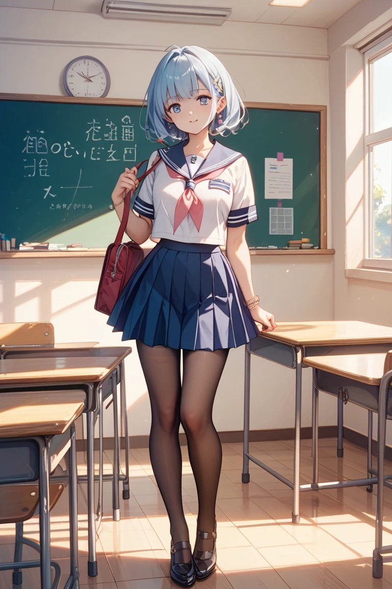 masterpiece portrait of aroused Rei Ayanami \(evangelion\), evangelion \(Hideaki\), caustics, textile shading, high resolution illustration, red eyes, feminine, no pupils, blue hair, short hair, japanese school uniform, loafers, detailed school, japanese school hallway, japanese modern school in Tokyo, soft light, black stockings, torn stockings, indoors, wooden floor, hallway, at night, neon light