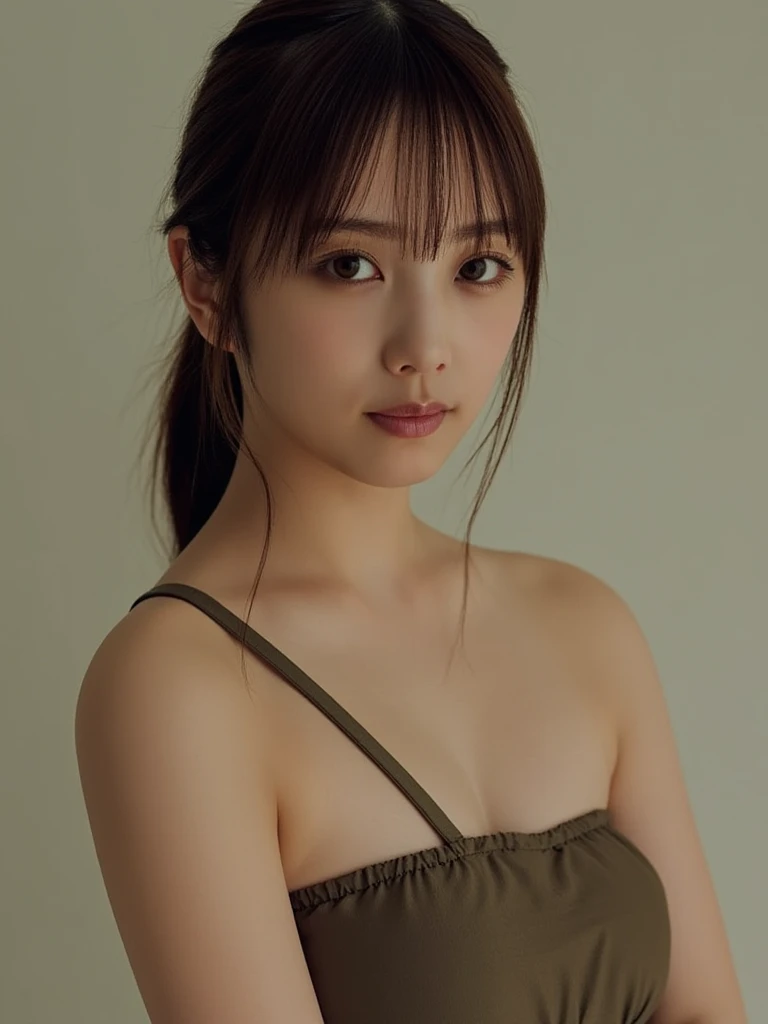 kasumi, eyes browns, (best qualityer, ultra detail), (realisitic:1.37), beautiful and detailed face, ultra-realisitic texture, Exquisite face, Delicate body, red lipgloss stick, shiny colors. High definition, 8k, angry expression