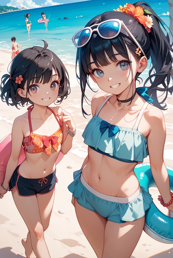 A group of bikini girls on the beach。lots of people。Stand in a row